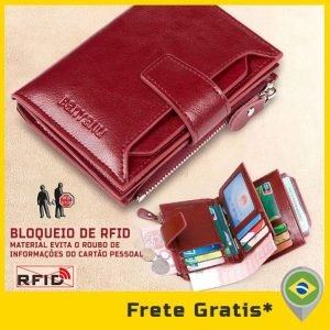 CARTEIRA DE COURO LEGÍTIMO COM BLOQUEIO DE RFID, MODA FEMININA, MULTIFUNCIONAL, GRANDE CAPACIDADE COM ZIPER, BOLSO DE MOEDAS E CLIPE DE DINHEIRO